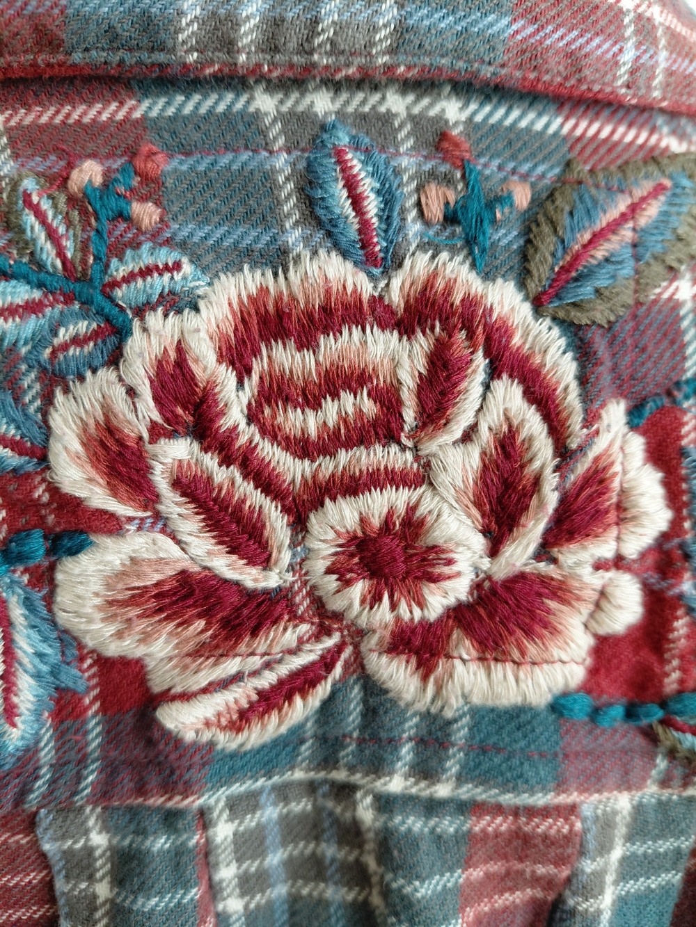 Kyla Seo Embroidered Plaid Flannel Shirt Small Boho Floral Cotton Button Front - Picture 4 of 9